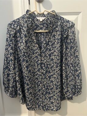 LC Lauren Conrad Navy and White Botanical Button-Front Blouse